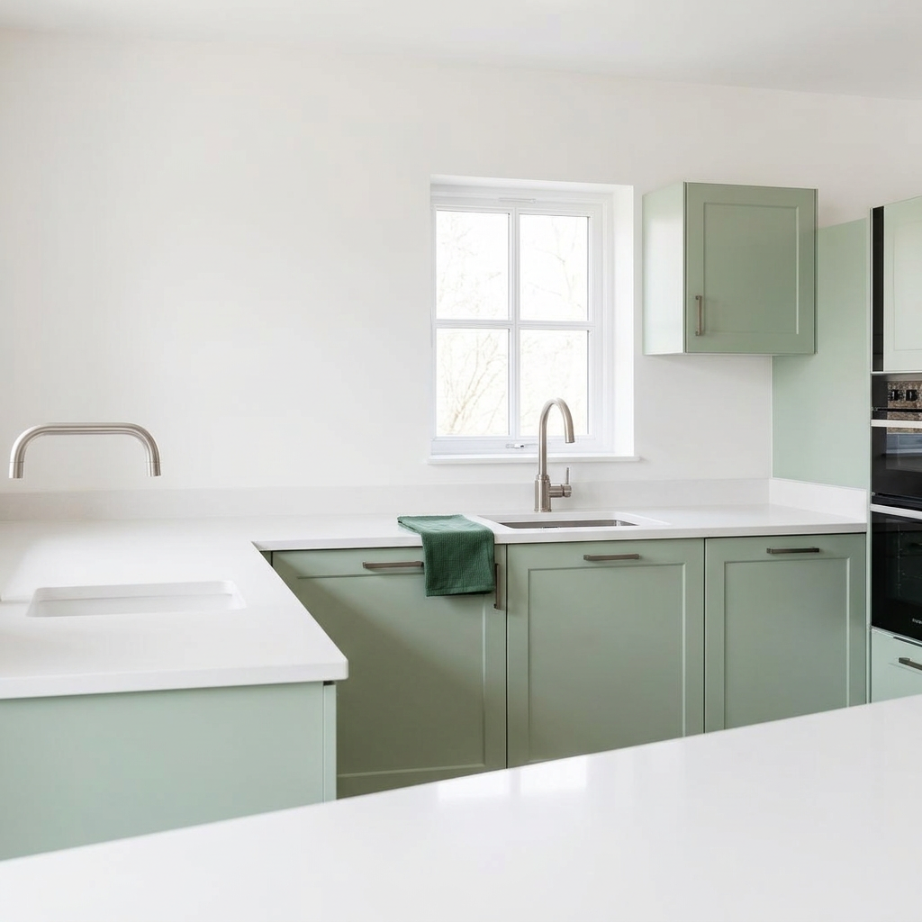 Lichte keuken met groene kastjes en een schoonmaakdoek