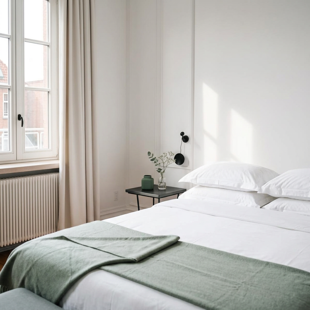 Lichte slaapkamer met een opgemaakt bed