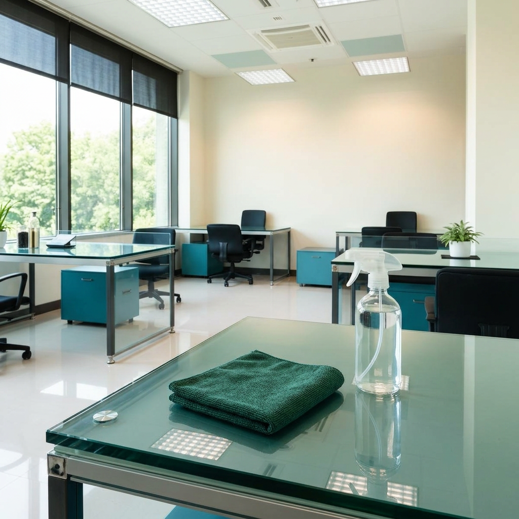 Kantoorruimte met schoonmaakdoek en spray op een bureau